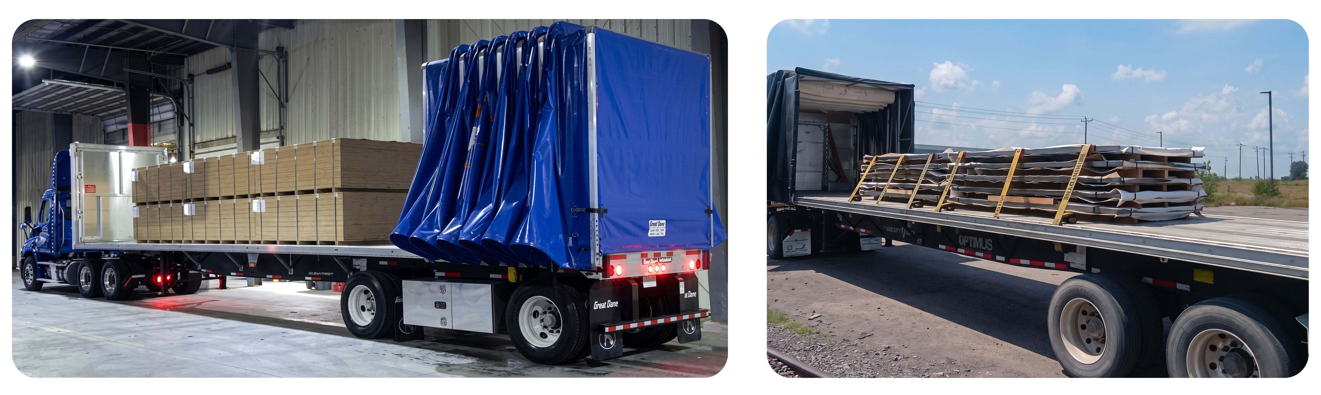 Conestoga fleet — rolling-tarp trailer and loaded flatbed
