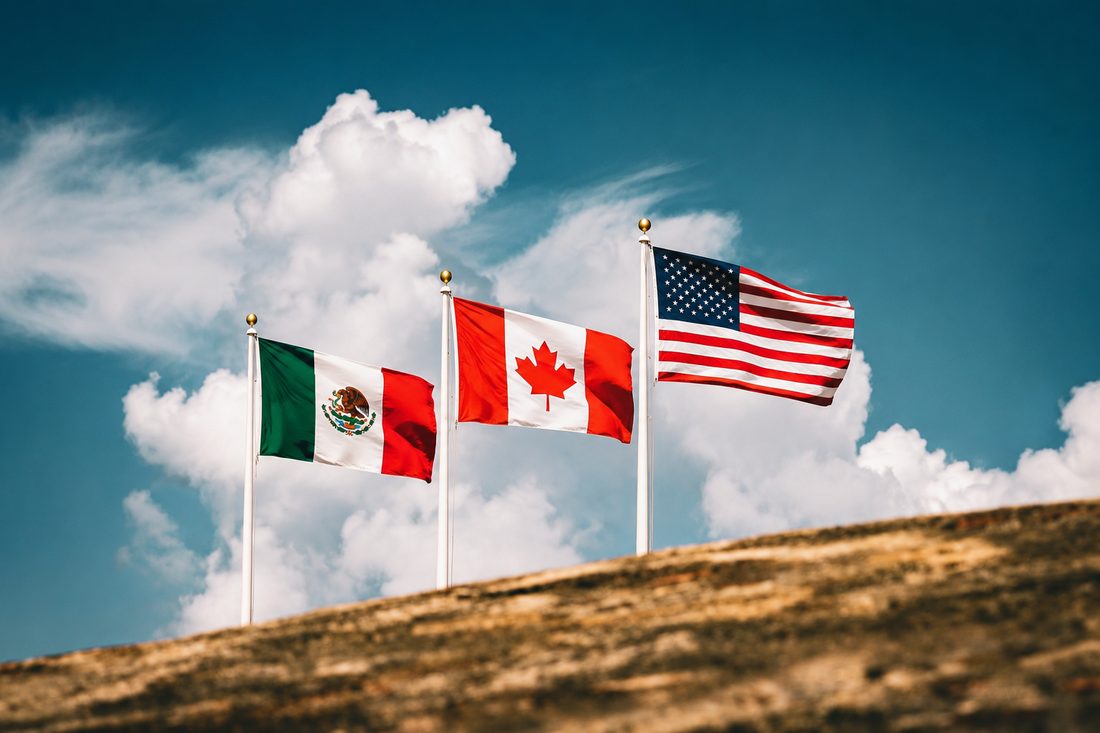 Flags of Mexico, Canada and the United States — the USMCA corridor