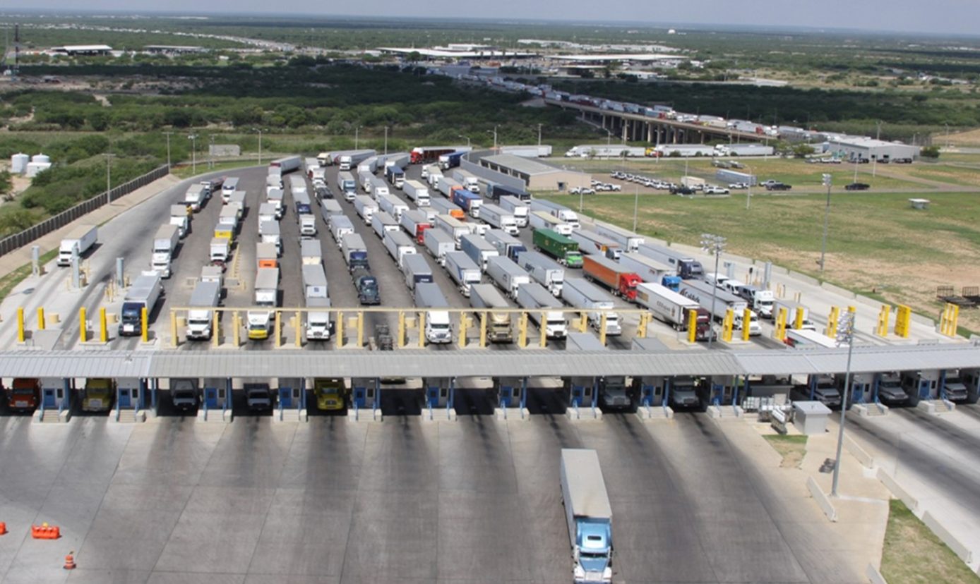 Trucks lined up waiting to cross at customs